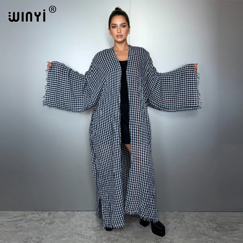 

WINYI классическое решетчатое кимоно макси кардиган пляжная одежда крышка праздничное платье Абая Дубай роскошный мусульманский женский ретро кафтан с открытой передней частью