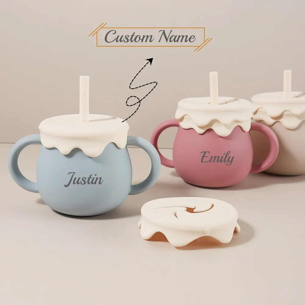Taza para bebé personalizada de 280 ml: taza para refrigerios de silicona 3 en 1, taza para sorber, a prueba de fugas, forma de helado, nombre personalizado