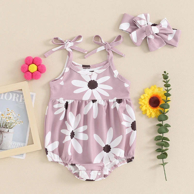 

Newborn Infant Baby Girl Rompers Toddler Summer Button Jumpsuit Flower Print Sleeveless Playsuit Hairband Outfits Clothes