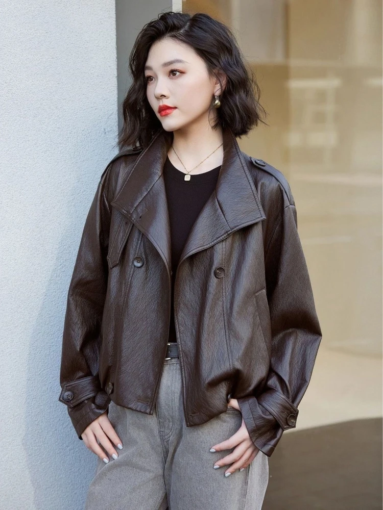 Casual Loose PU Leather Jaet Brown Stand Collar Women's Spring Autumn New Sle Retro Hong Kong Sle Leather Coat
