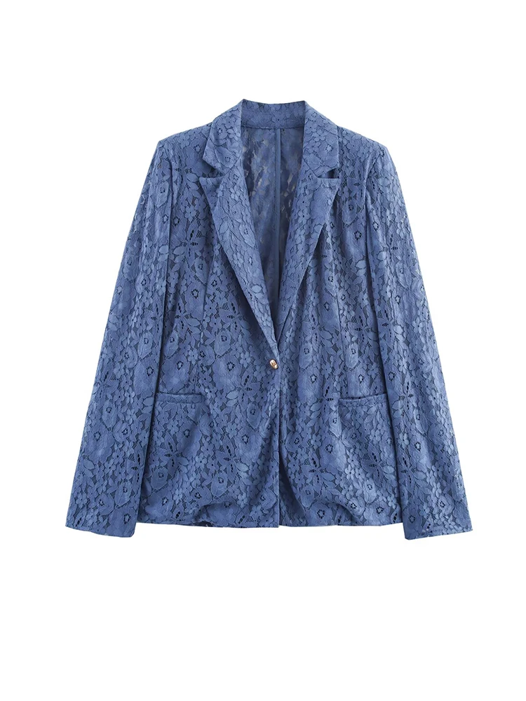 

Women Blue Lace Blazer Elegant Single Button Deep V-neck Coat Suits Jackets