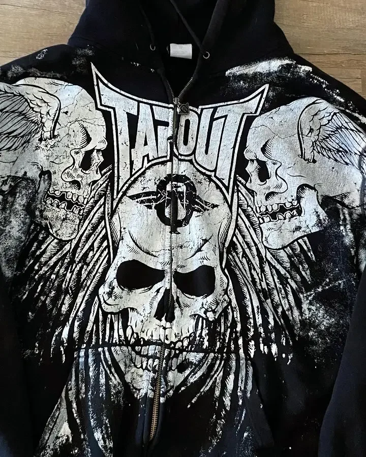 Streetwear Tapout Hoodie Zipper Y2K Sweatshirt Mens Hip Hop Letter Retro Skull Graphic Print Oversized Hoodie Jacket Clothes