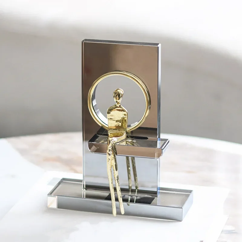 Glass Craft Abstract Figure Sculpture Geometry Round Hole Crystal Golden Man Decorative Figurines Home Decoration Accessories