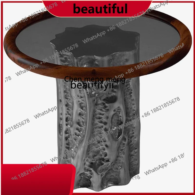 

Modern light luxury art electroplated wooden side table, hotel villa glass coffee table round table H