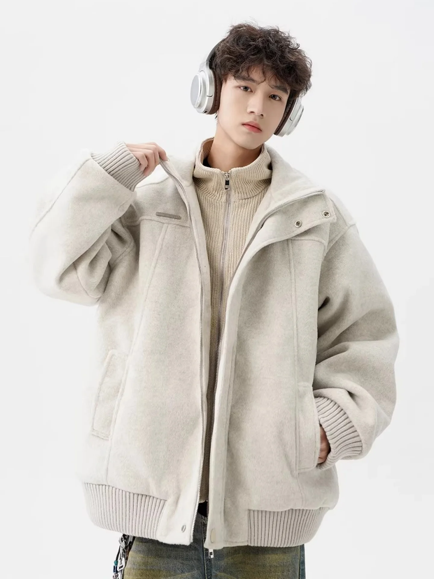 

American Sle Thiened Heavyweight Men's Cotton Jaet Winter Warm Stand Collar Tweed Coat Trendy High Street Sle