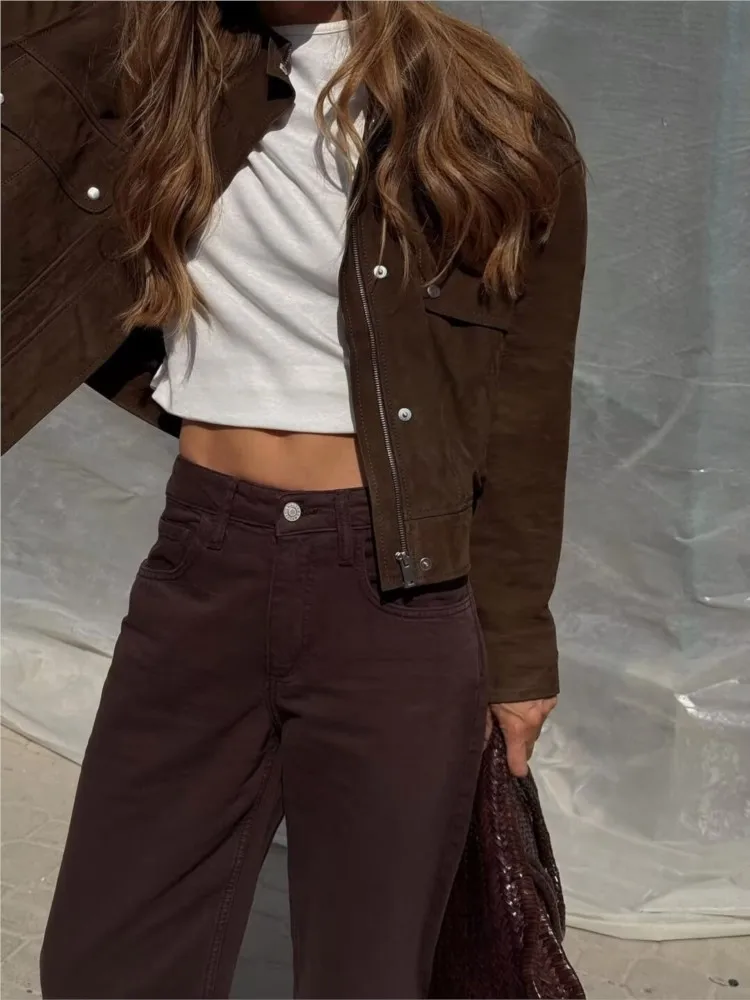 Kurtka damska NERHEFZ z kieszeniami, jesień, wysoki kołnierz, długi rękaw, zamszowa kurtka skórzana damska, płaszcze damskie, codzienne, eleganckie topy damskie