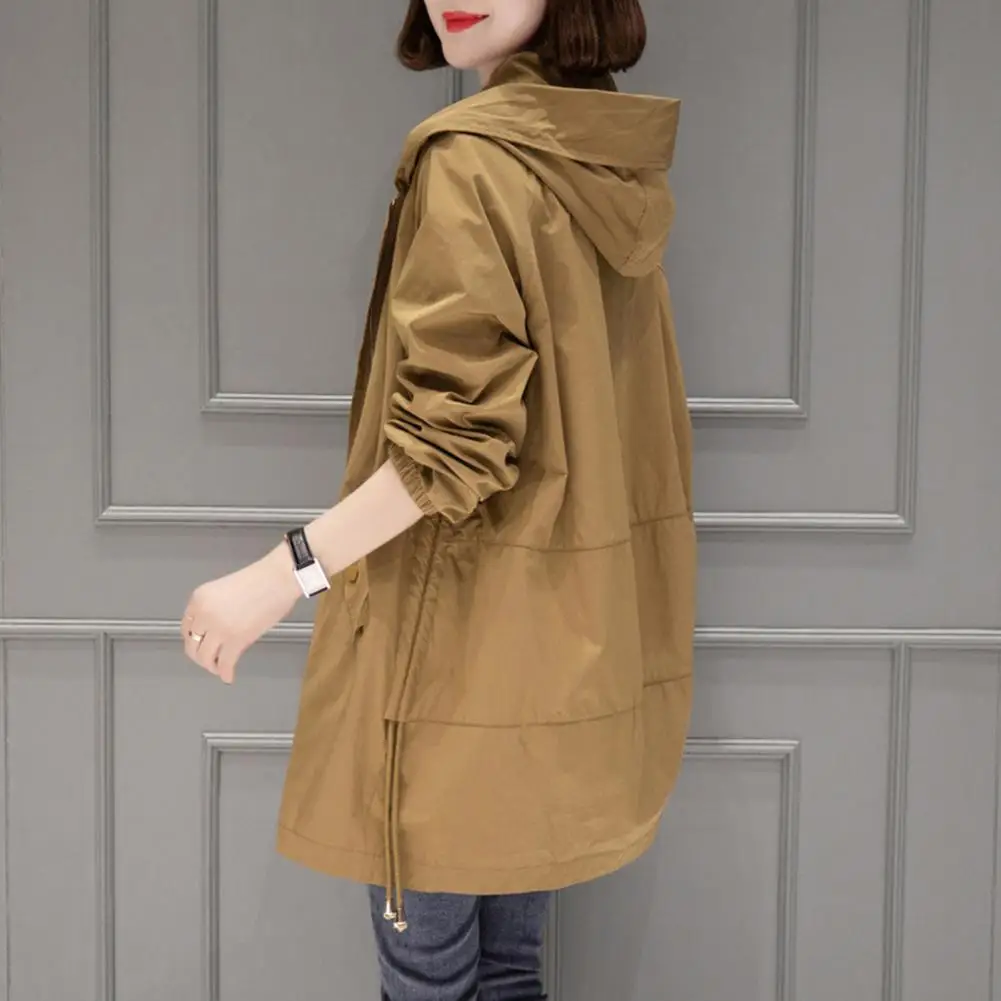 Lady Coat Stylish Hooded Mid-length Overcoat with Drawstring Pockets for Women Lightweight Windbreaker Jacket for Wear Outdoor