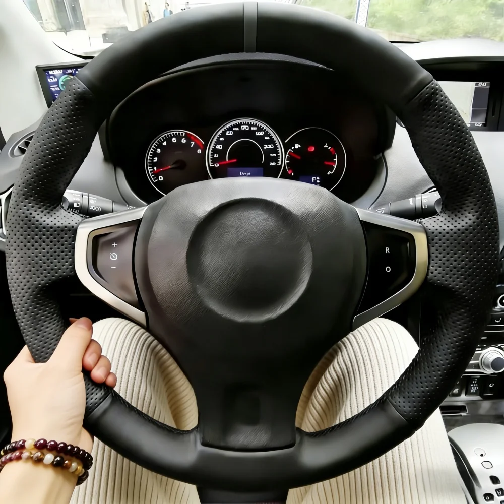 Handgenähter schwarzer, verschleißfester, rutschfester Mikrofaser-Leder-Lenkradbezug 2009-2014 Samsung QM5 für Renault Koleos.