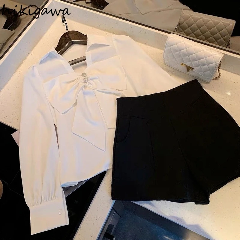 V-neck Long Sleeve Blouses Women\'s Clothing 2023 Korean Fashion White Shirts Ladies Tops Elegant Bow Chiffon Blusas De Mujer