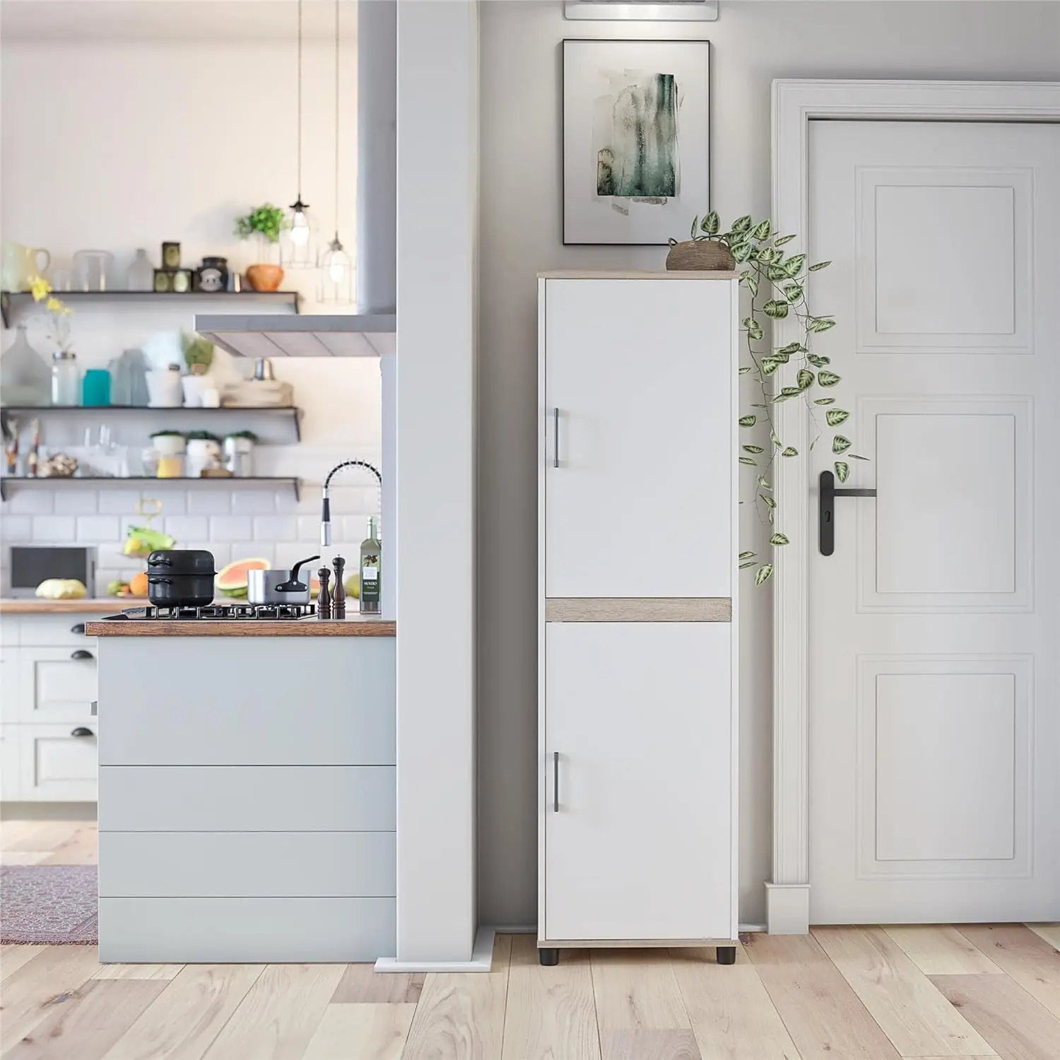 

Freestanding Pantry Cabinet with Doors and Adjustable Shelves, Wood Storage Cabinet for Kitchen, Bathroom or Hallway, White