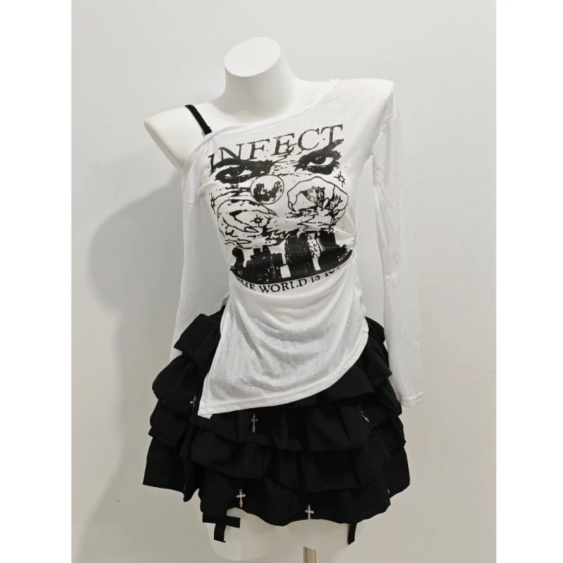 Y2k Subculture Long Sleeve Tee + Short Black Dress Two-Piece Dress Sets Women Casual Gothic Print Solid Color Letter Skew Neck