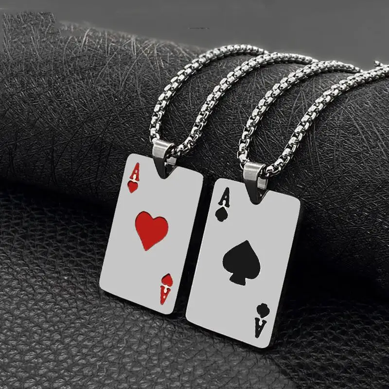 Hip-hop Style Stainless Steel Playing Card Pendant Necklace Trendy Ace of Hearts Collarbone Necklace Holiday Party Jewelry Gift