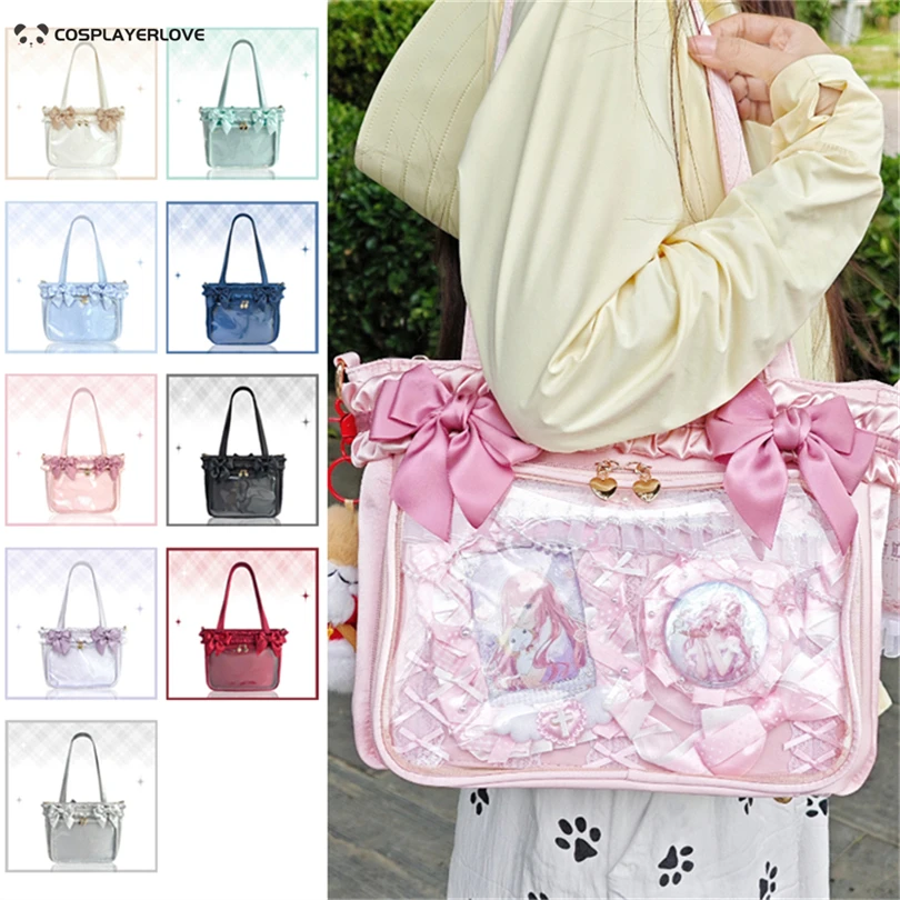 Original 2026 Lace Bow Large Capacity Student Shoulder Bag Crossbody Bag Women Square Leather PVC Transparent Ladies Handbag