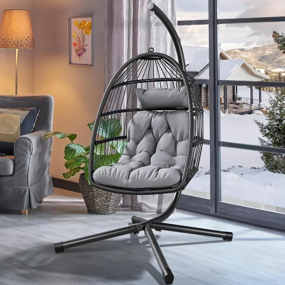 Hanging Egg Swing Chair with Stand Wicker Outdoor Hammock  Cushions 330lbs for Patio,Garden and Balcony,Dark Gray(Stand Included