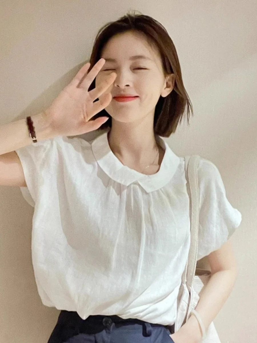 

Женский хлопковый льняной кукольный воротник ort Sve irt Summer Ele Design Sensation Linen Top Faionable Loose Bubble Sve