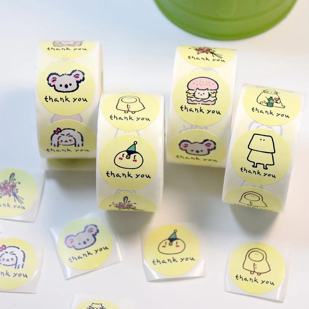 500 PCs/roll 1 inch Cartoon Stickers, Cute Thank You Stickers for Gift Wrap, Envelope Closure, Diy Decoration