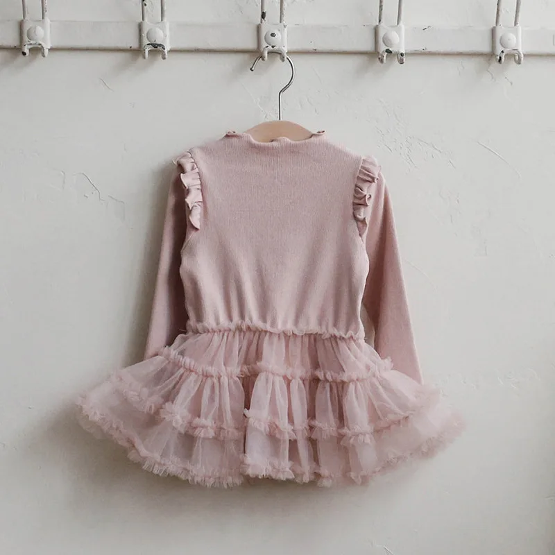 2025 Autumn Korean Style Girls Half High Collar Base Layer Splice Fluffy Tulle Long Sleeve Girls' Dress for Kids