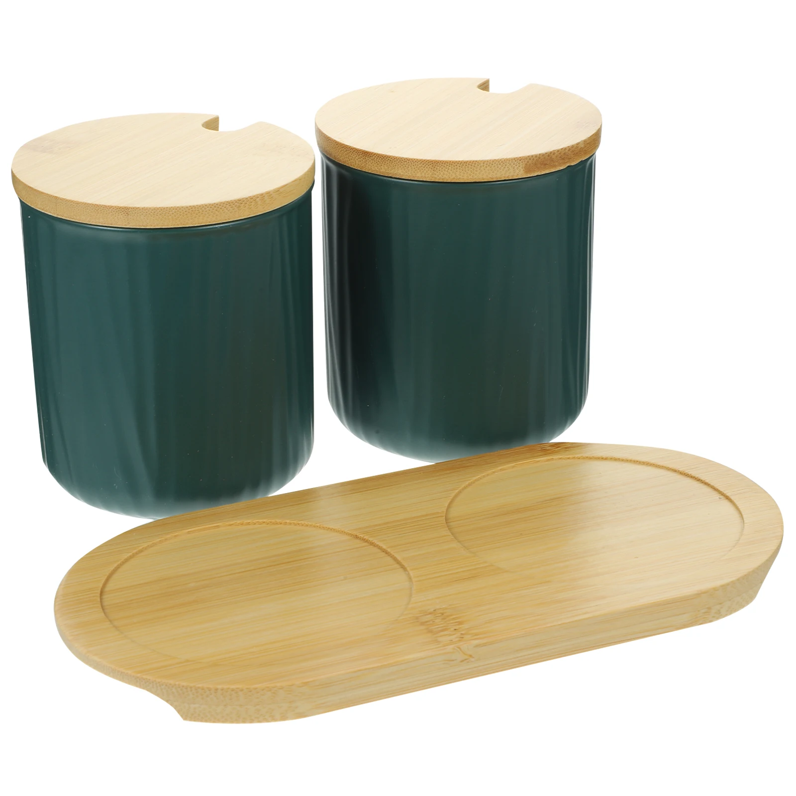 

2 Pieces Ceramic Seasoning Jar Set Bamboo Tray Spice Container Kitchen Salt Holder Green Color Storage Solution