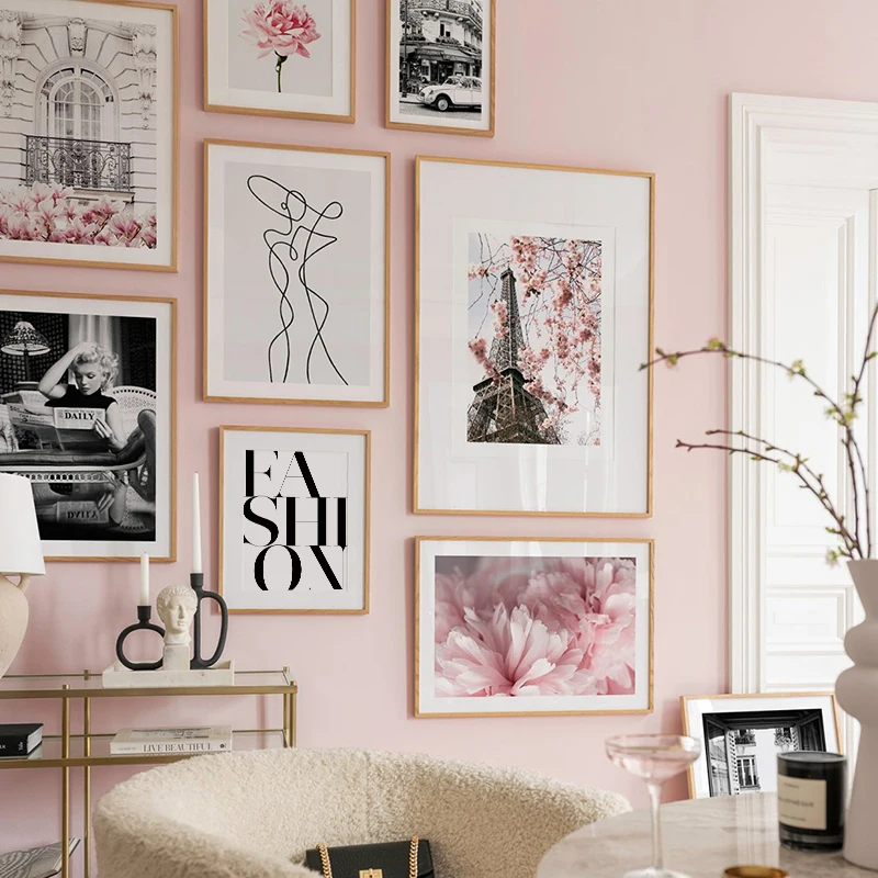 Nordic Fashion Lady Pink Paris Sakura Wall Art Prints Canvas Painting Aesthetic Posters Gallery Wall Pictures Living Room Decor