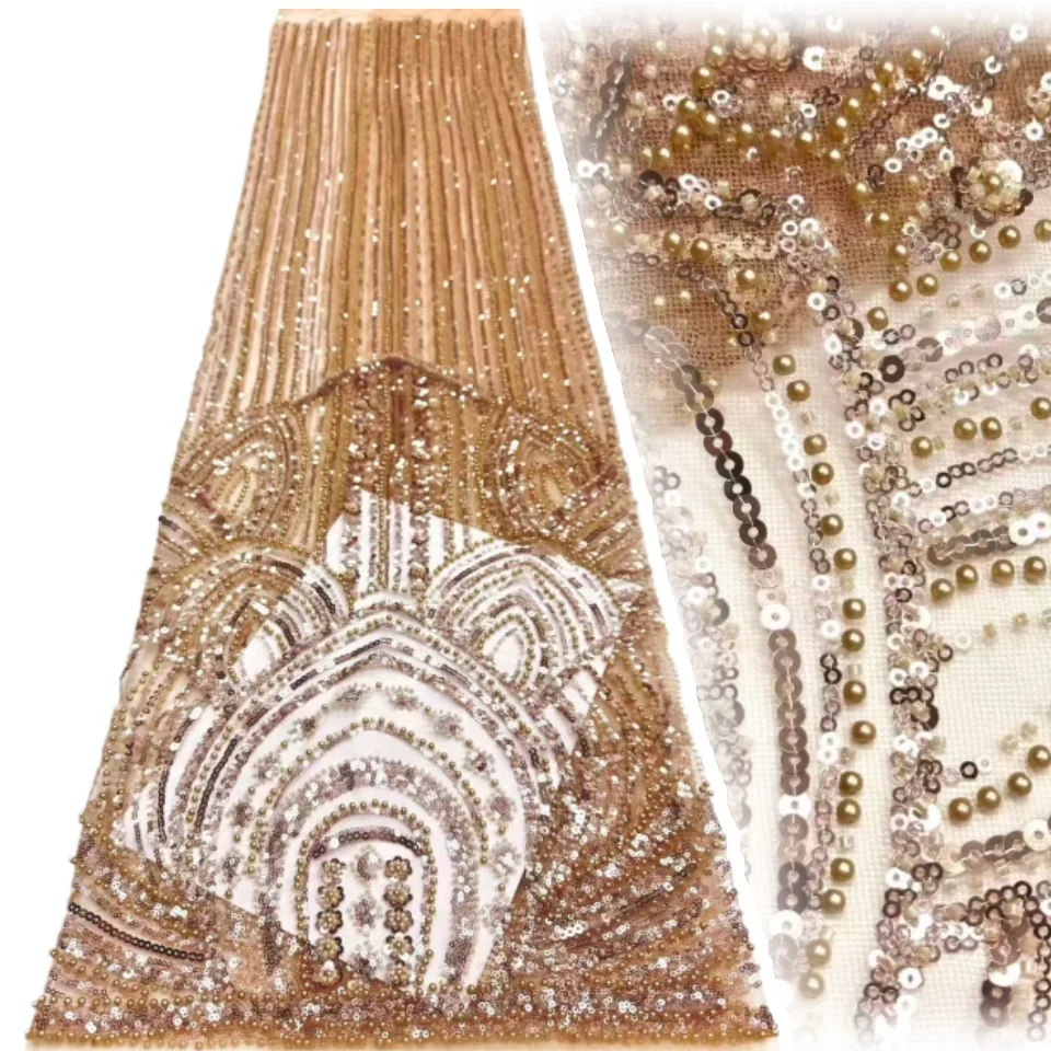 

Nigeria Beads Tulle Lace African Mesh Tulle Lace Fabric High Quality 5 Yards Sequins Lace Fabric Wedding Dress for Women CC1791