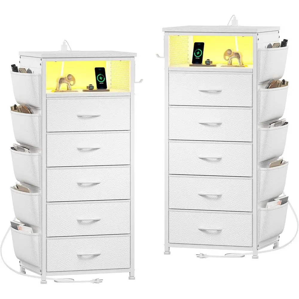 

Pair of Nightstands with 5 Drawers, White Dresser with Charging Port and LED Light, Tall Nightstand with Side Pocket and Hooks f