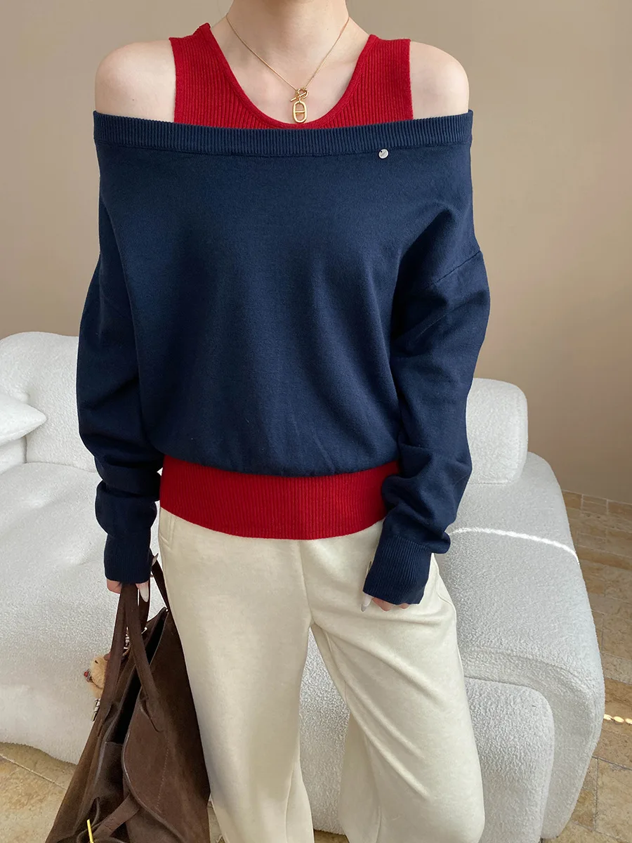 

Женский повседневный нишевый дизайн, вязаный жилет контрастного цвета, комплект из двух предметов на одно плечо.