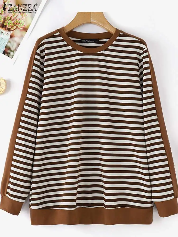 ZANZEA Casual Loose Autumn 2024 Pullovers Korean Fashion Women Long Sleeve O Neck Blouses Elegant Patckwork Striped Blusas Mujer