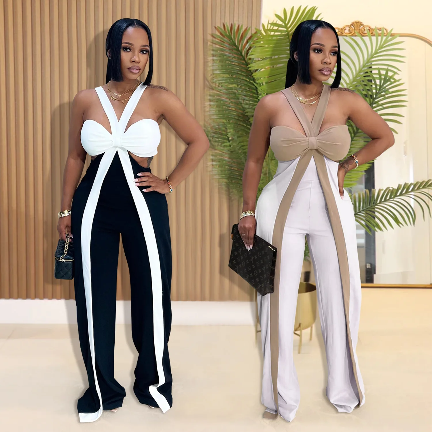 

Fashionable Women's Jumpsuit Color Blocked Sexy Shoulder Strap Strapless Casual Wide Leg Jumpsuit 2025 Summer