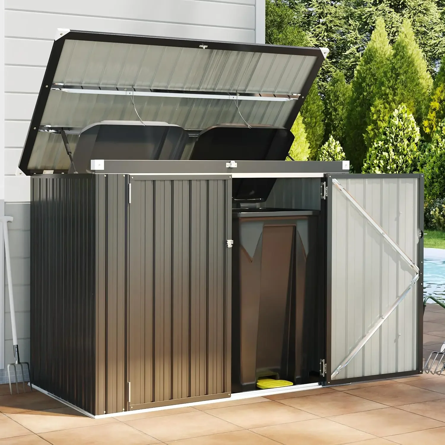 Outdoor Trash Can Storage Shed - Metal Waterproof Outdoor Garbage Can, Organizer with Chain Lid, Ideal for Trash Bins, Toys