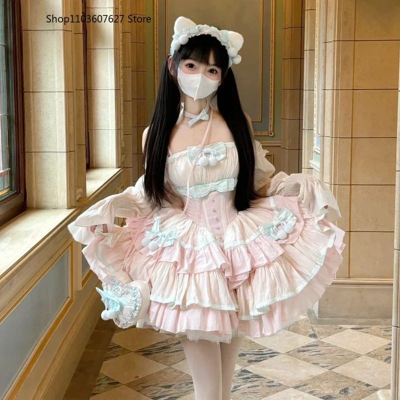 女性のための日本の甘いロリータドレス,カワイイ,ヴィンテージ,エレガント,レース,弓,フリル,プリンセスドレス,セクシー,スリム,裸の肩