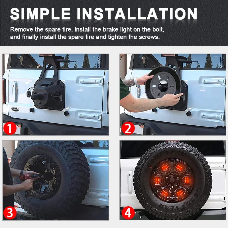Red Led Spare Tire Brake Light Plug & Play Double-circle LED Third Brake Light for Bronco 2021 2022 2023 2/4 door