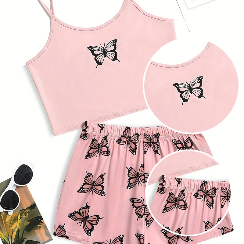 Two Piece Women\'s Suspender Printed Butterfly Round Neck Camouflage Top Paired with Shorts Women\'s Casual Pajama Set