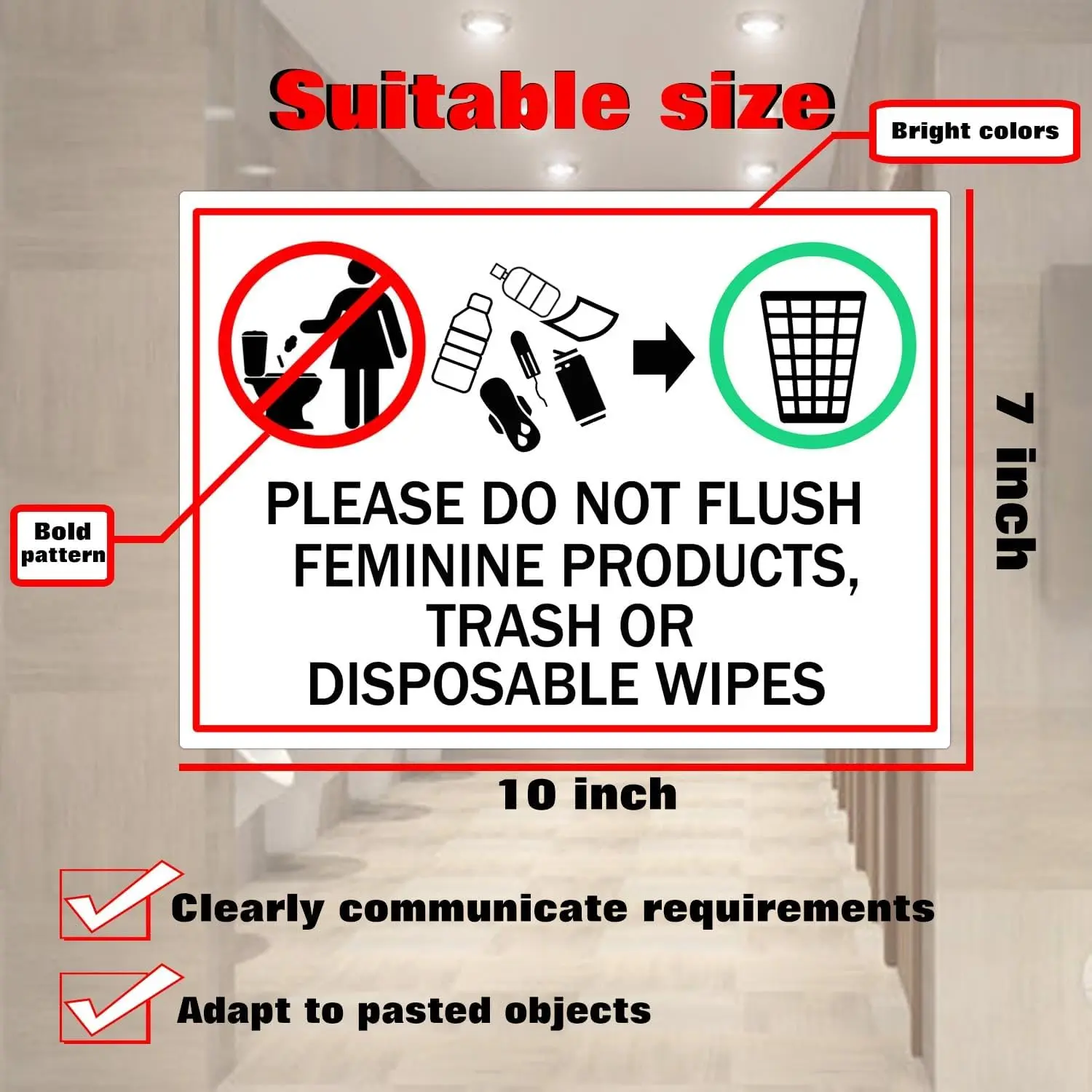 10*7inch Please Do Not Flush Feminine Products Trash Or Disposable Wipes Sign Sticker for  offices businesses restaurants 4pcs