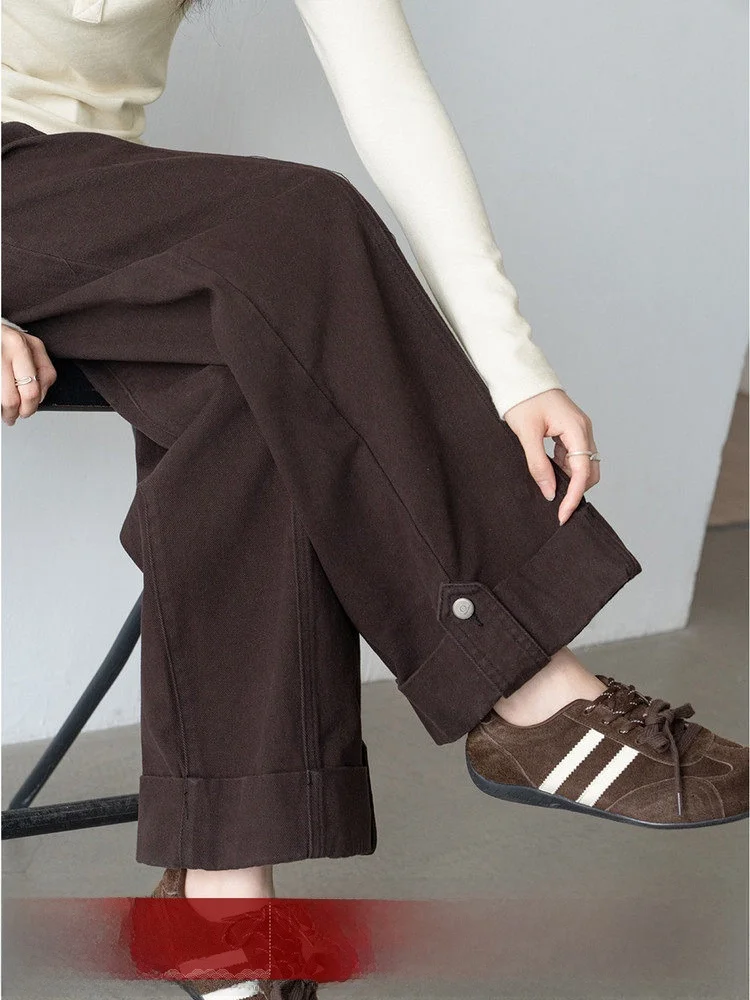 

Винтажные коричневые прямые джинсы, женские свободные брюки с высокой талией и широкими штанинами, осень-зима, повседневные джинсовые брюки с эффектом похудения