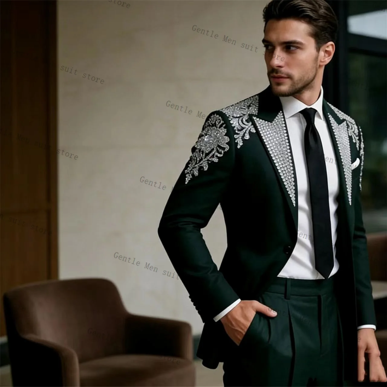 

Crystals Men Suit Set 2 Pcs Green Blazer+Pants Trousers Groom Wedding Tuxedo Formal Office Business Jacket Coat Customized