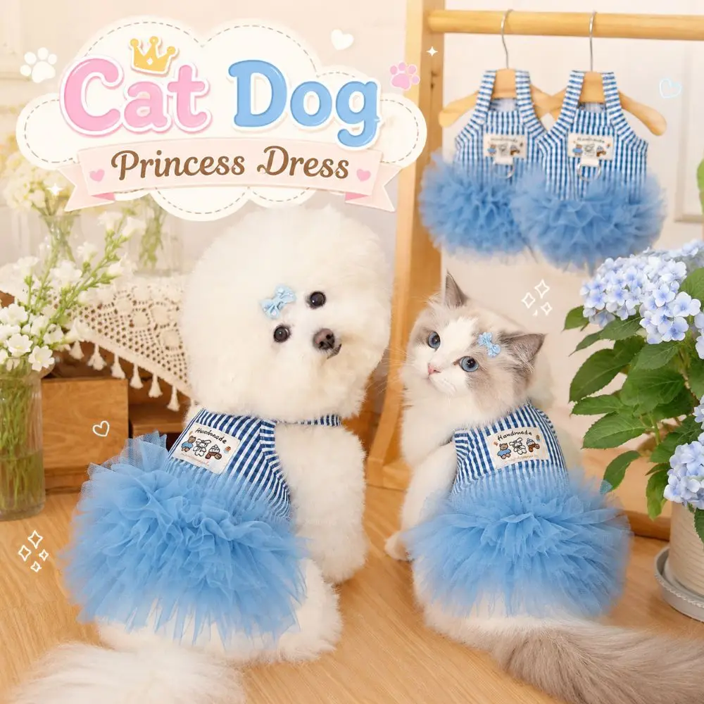 Cute Tulle Summer Dog Cat Dress Fluffy Thin Pet Princess Dress Striped Breathable Dog Slip Dress For XS To XXL Size