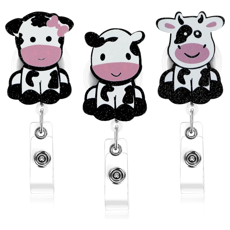 

Cow Badge Reel Clips Arcylic Nurse Badge Reel Cute ID Name Card Holders With Swivel Clip 3PCS