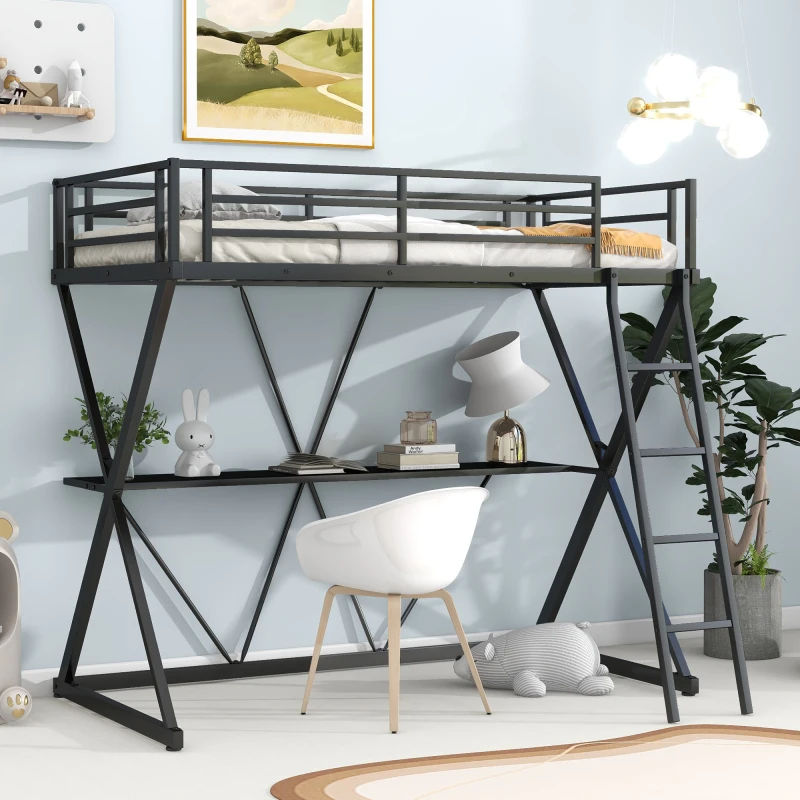 

Twin Size Loft Bed with Desk, Ladder and Full-Length Guardrails, X-Shaped Frame, Black