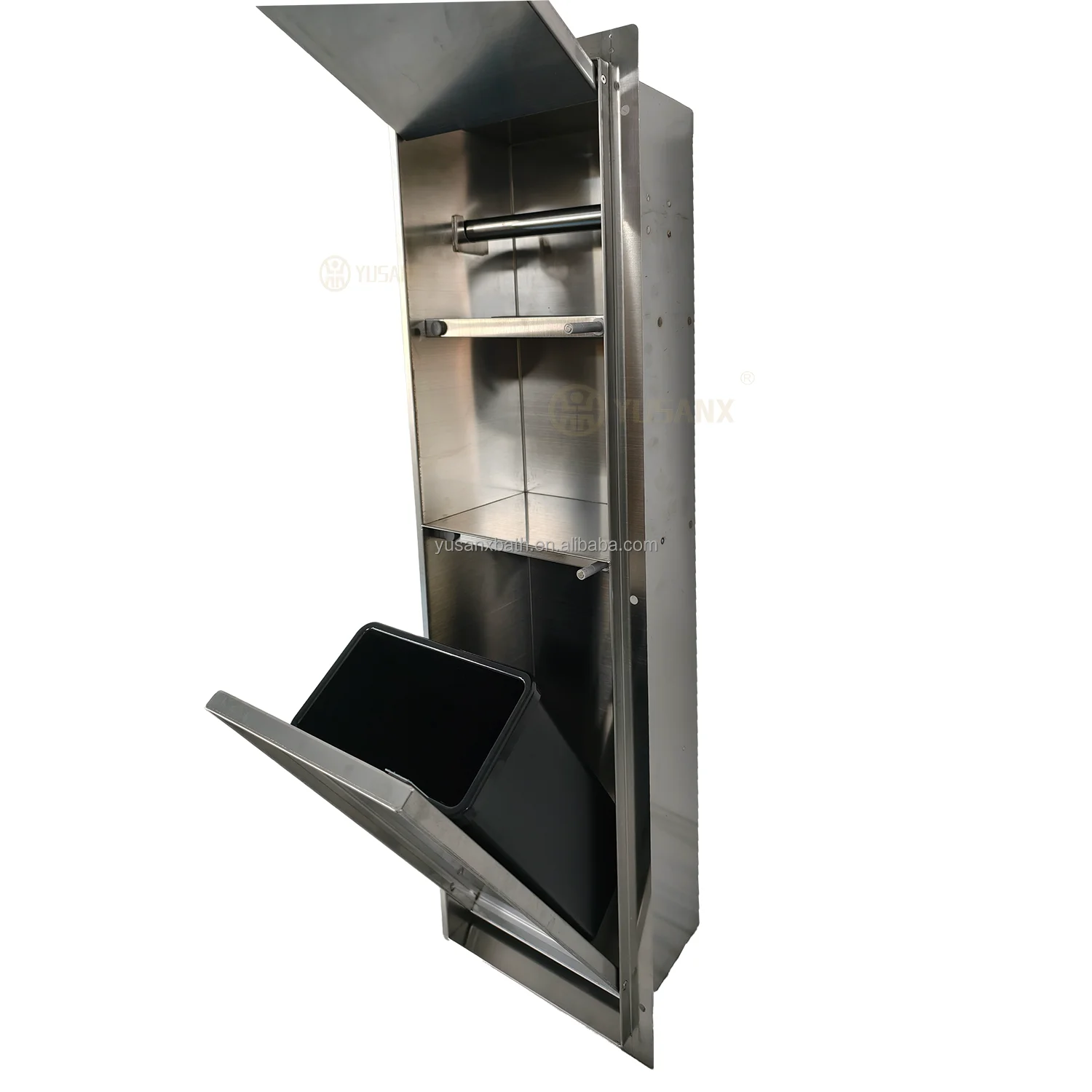 Rimless Recessed 304 Stainless Steel Built-IN Niche Trash Can Tissue Box with Phone Shelf Storage Tileable Bathroom Wall Niche