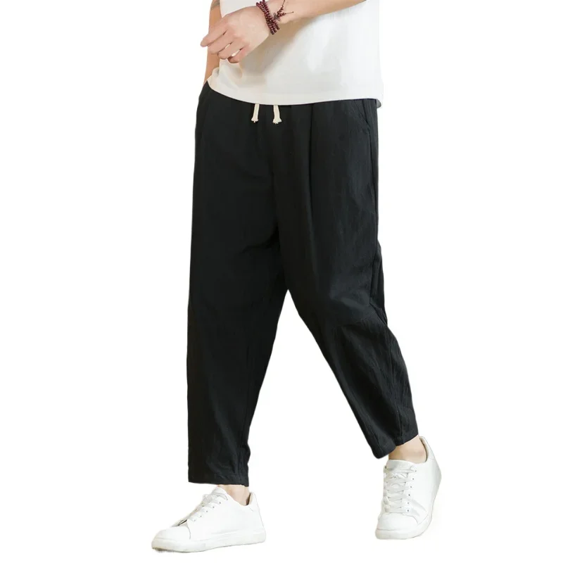 

Men's Cotton Long Pants Casual Solid Color Breathable Drawstring Straight Leg Pants Men's Loose Oversized Casual Pants