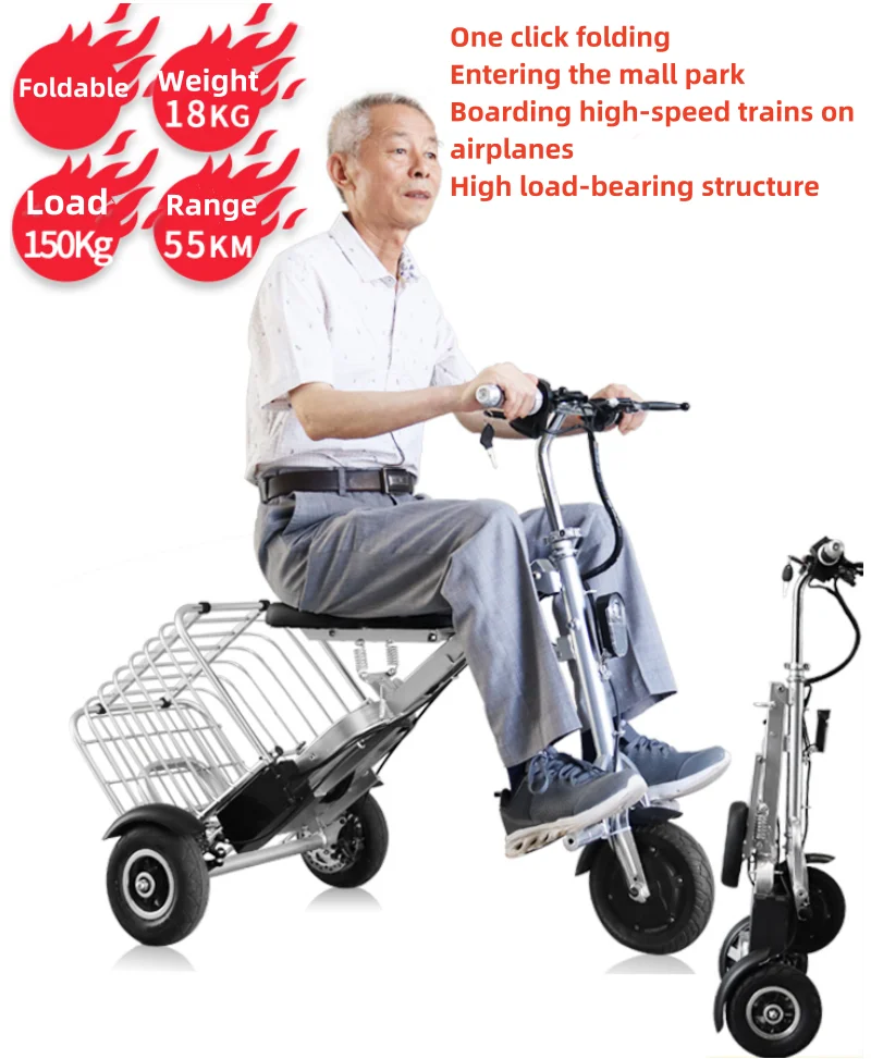 8 Inch Mini Electric Bike 250W 36V Portable Foldable Family Electric Tricycle for Elderly Lightweight with Cargo Basket