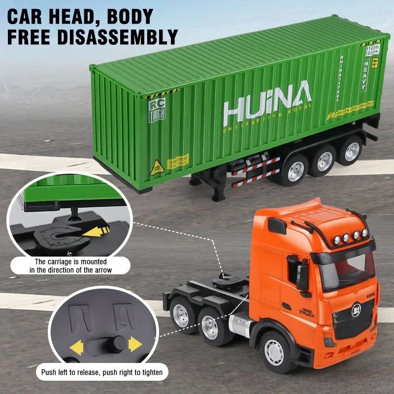 HUINA 1/18 Remote Control Container Truck Alloy Locomotive 9 Channels RC Trucks Boys Toys Engineering Vehicle with Lights Sounds