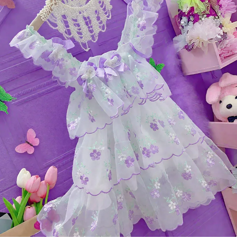 

Фиолетовое платье JSK с цветочной вышивкой, милое платье принцессы с бантом, кружевное короткое платье с рюшами для девочек, мини-платье COS, ABDL, тюлевые пышные топы