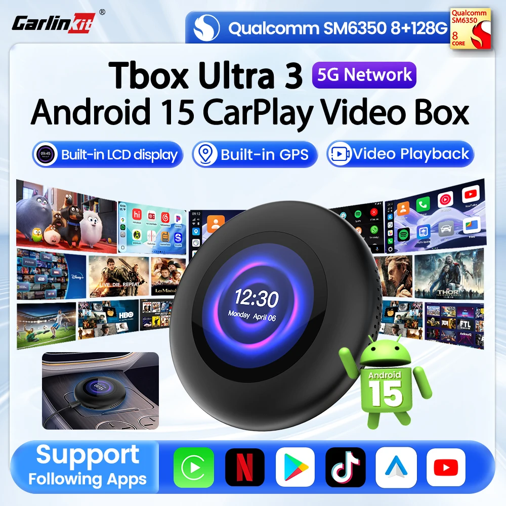 Carlinkit Ultra3 Android TV Box Android 15 Adaptador Inalámbrico Carplay QCM6350 Smart Car Ai Box Carplay Para Netflix Youtube 5G LTE