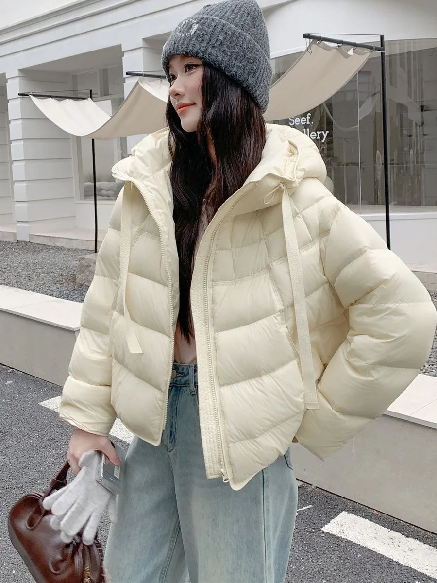 

Women's Puffer Jacket Short Thickened Bread Style White Duck down Coat Hooded Casual Warm Winter Outerwear Simple Loose Fit