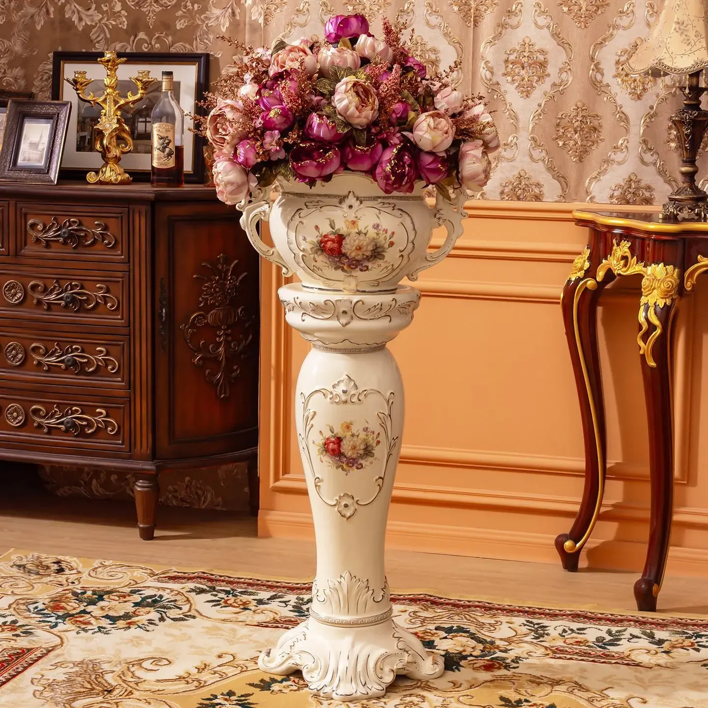 European-style hotel lobby villa living room floor-to-ceiling large vase high-end ceramic Roman column flower pot decorative orn
