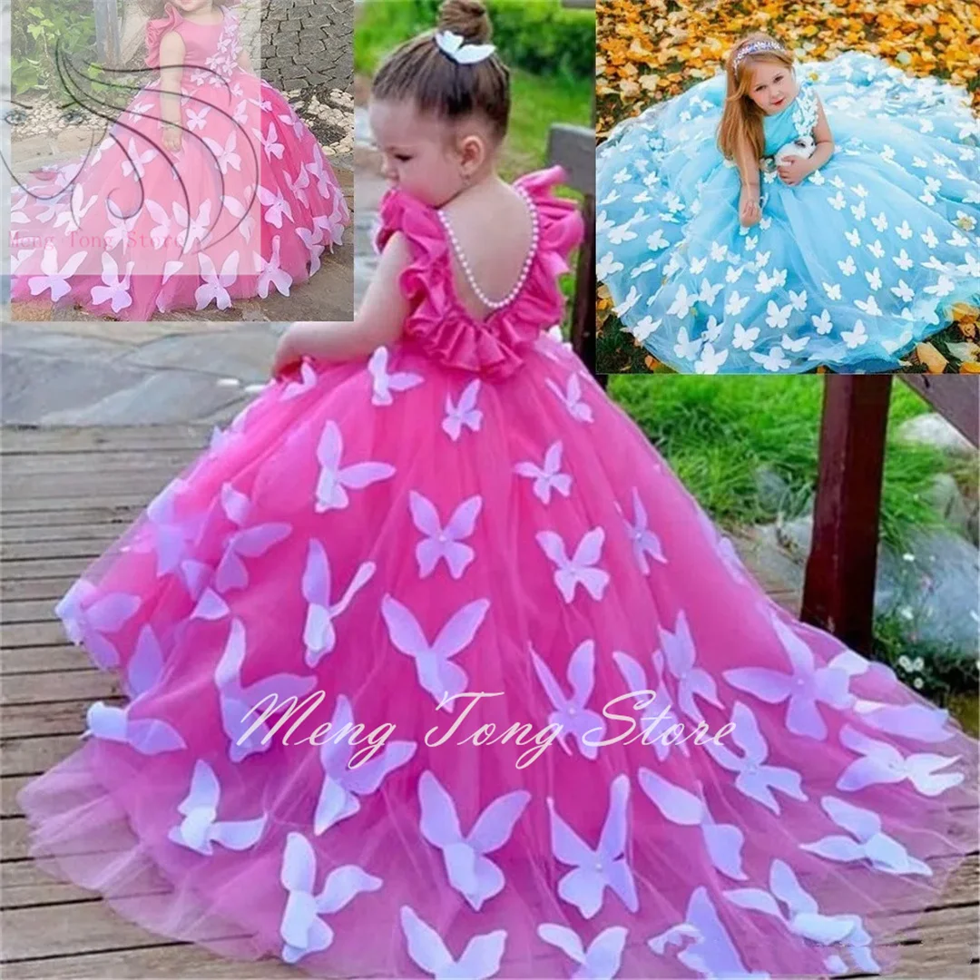 

Butterfly Lace Appliqued Flower Girl Dresses For Wedding Princess Child First Communion Birthday Bespoke Occasion Dresses