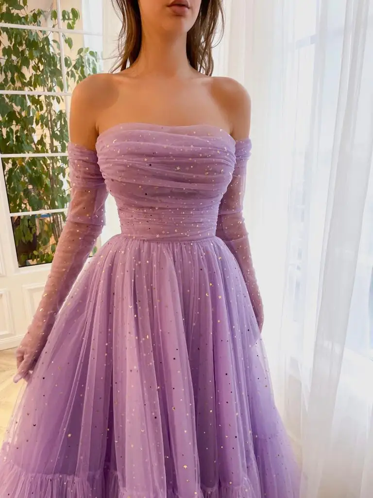 Tulle Strapless Prom Dresses Women Sleeveless A-Line with Pleats Tea-Length Evening Gowns Little Star Simple Lilac Party Dress