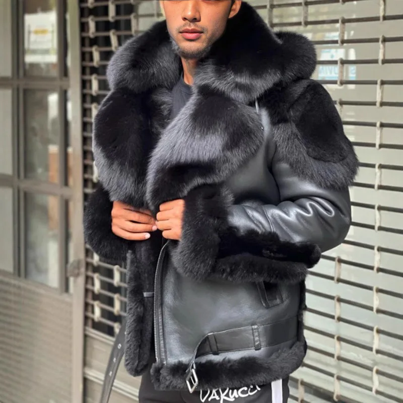 

Black Large Fur Collar Hooded Thickened Fleece Overcoat Men's Leather Coat