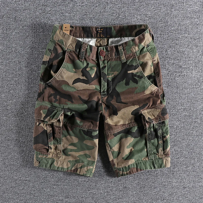 

2025 Summer New American Retro Woven Camouflage Cargo Shorts Men's 100% Cotton Washed Multi-Pocket Casual Straight 5-point Pants